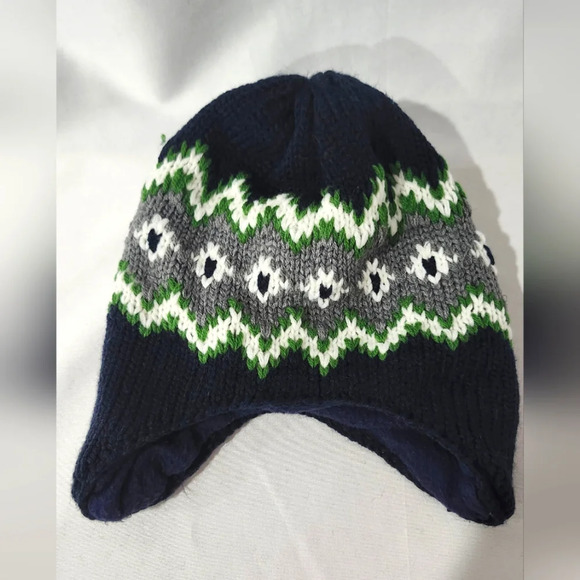 Carter's Knit Beanie Size 12-24 Months Navy Fair Isle Ear Flaps Fleece Lined - Picture 1 of 6